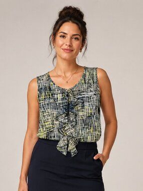 Spense Sleeveless Ruffle Blouse Womens Size M Blue Yellow Abstract Feminine Boho